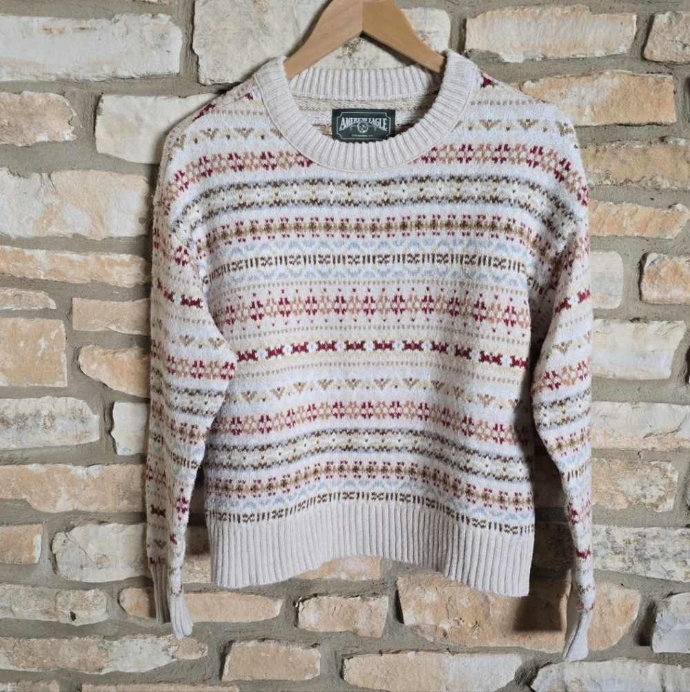 American Eagle Fair Isle Cream, Brown And Red Thick Knit Sweater. Size XS